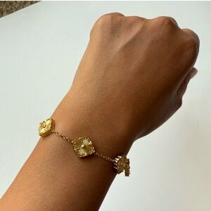 Gold Plated Stainless Steel Floral Square Link Bracelet